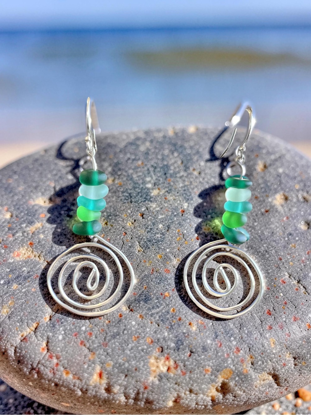 Green Spiral Sea Glass Drop Earrings - Women Jewelry